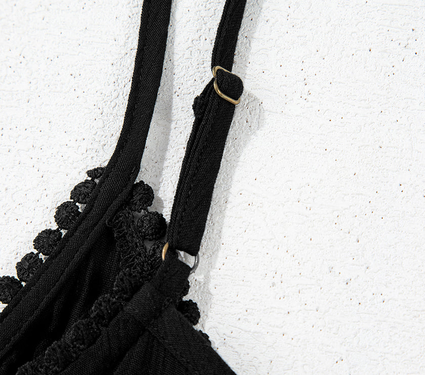 Black Floral Embroidery Ruffled Spaghetti Straps Tank Top