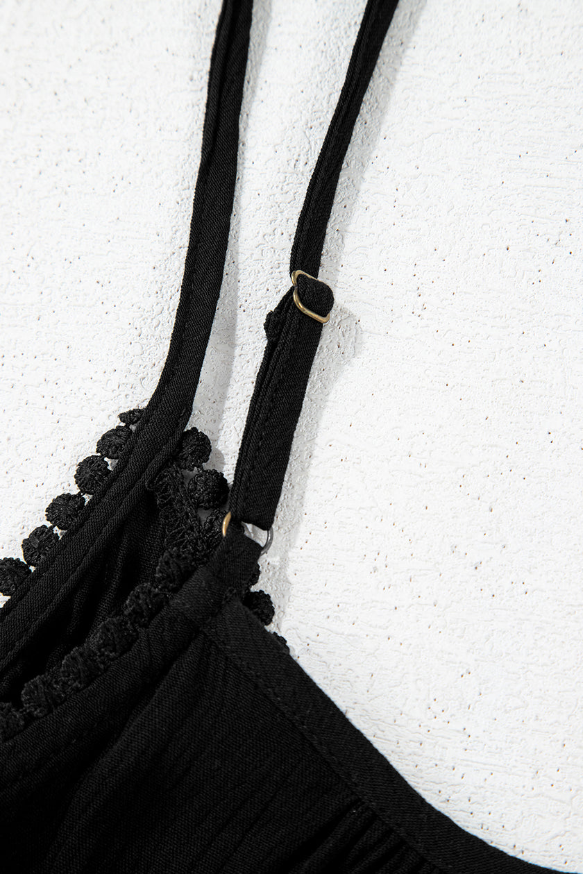 Black Floral Embroidery Ruffled Spaghetti Straps Tank Top