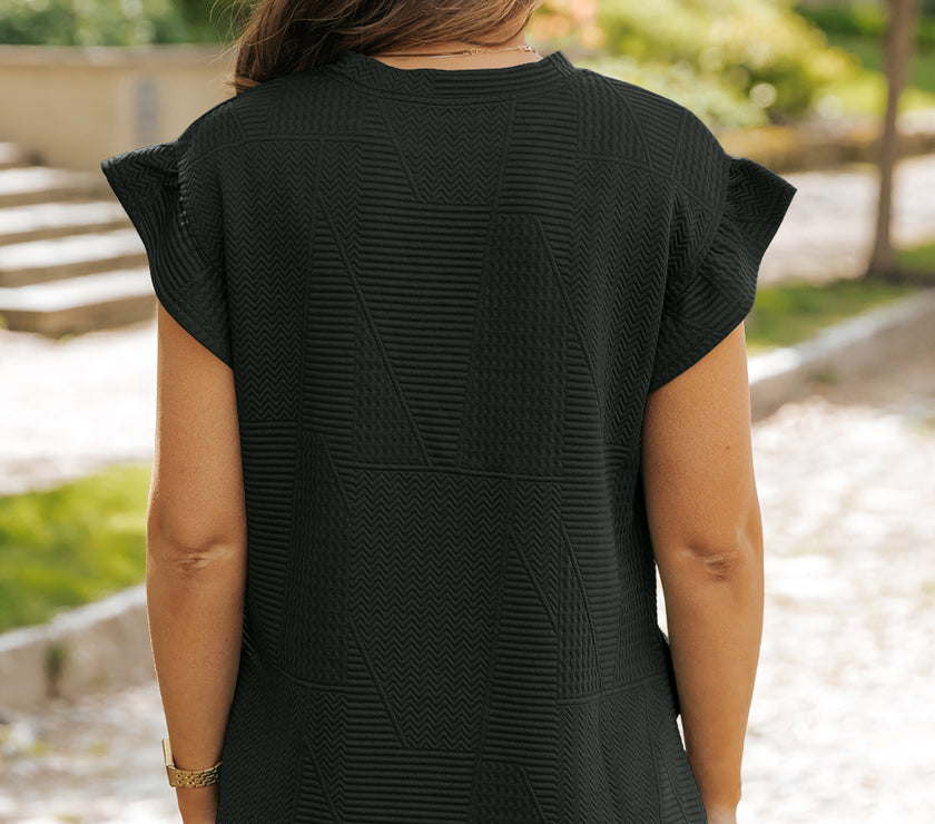 Black Textured Ruffle Split Top and Drawstring Shorts