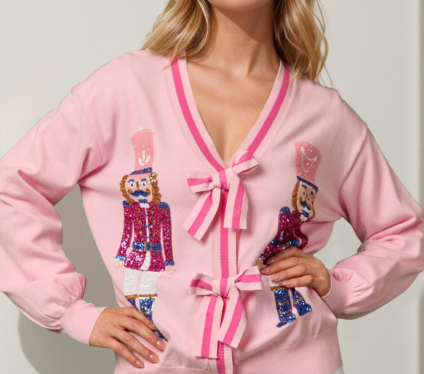 Double Take Full Size Nutcracker Sequin Bow Decor Cardigan