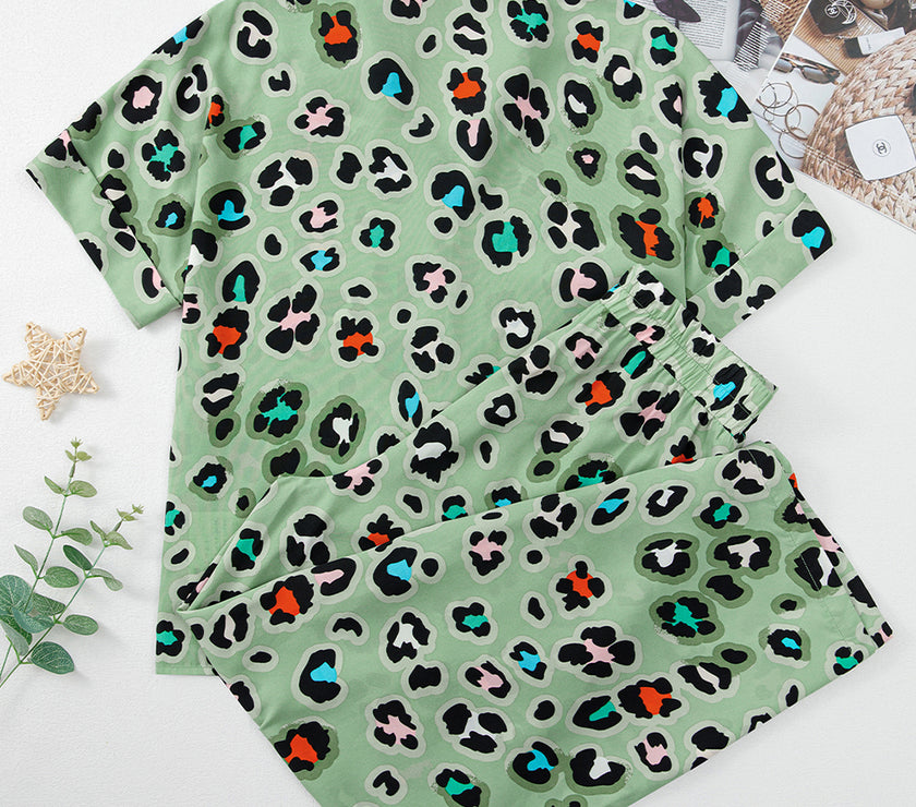 Green Leopard Print Short Sleeve Shirt and Wide Leg Pants Set