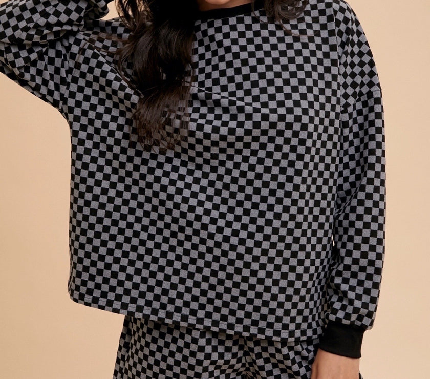 Annie Wear Checkered Round Neck Top and Drawstring Shorts Set