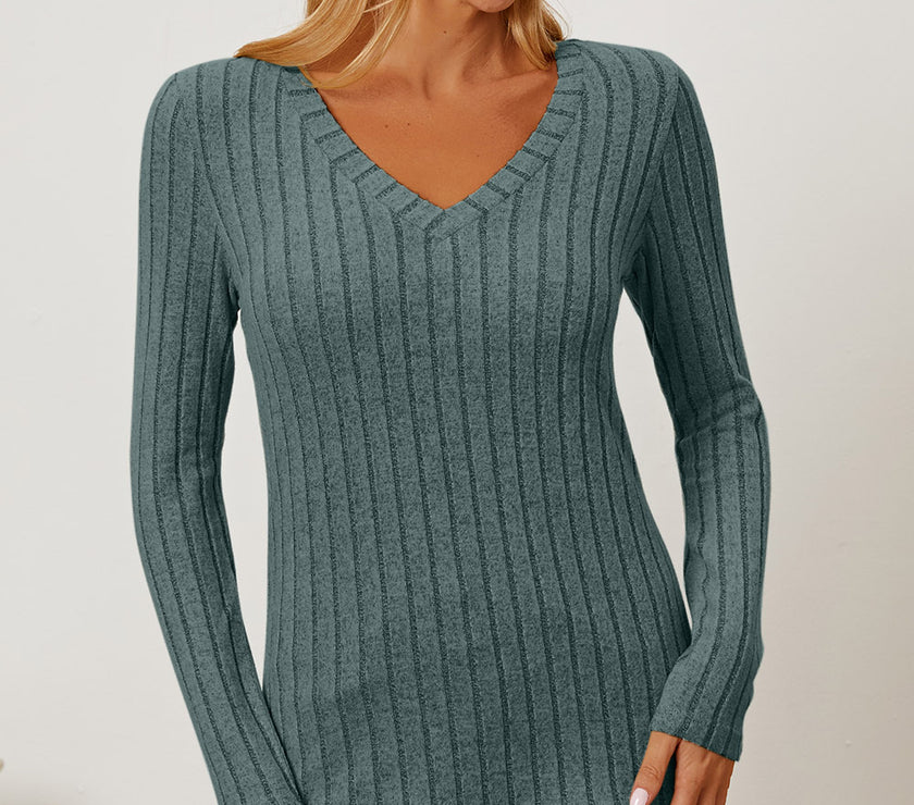 Basic Bae Full Size Ribbed V-Neck Long Sleeve T-Shirt