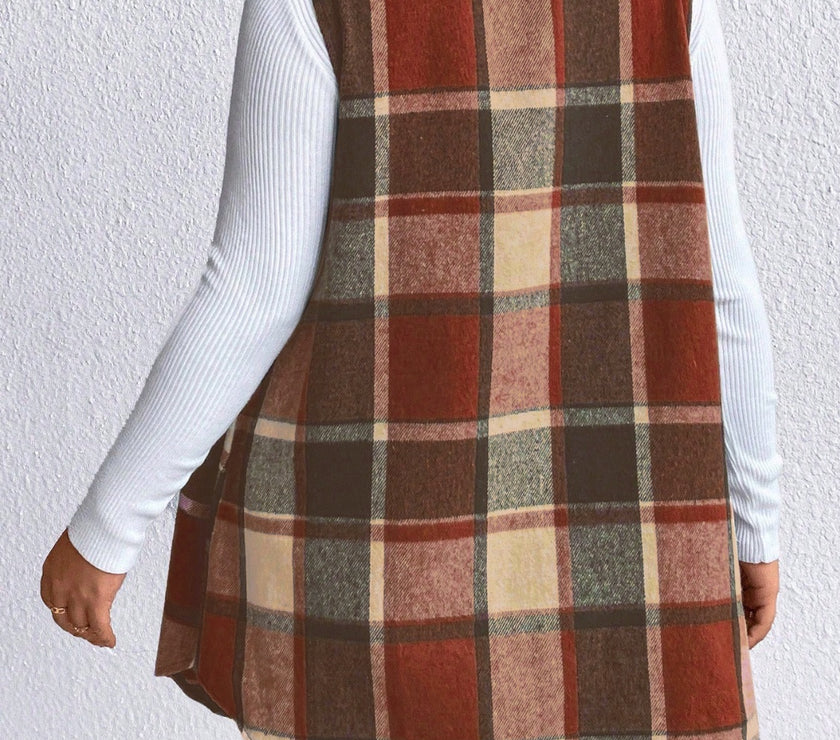 Honey Plus Size Pocketed Plaid Button Up Vest Coat