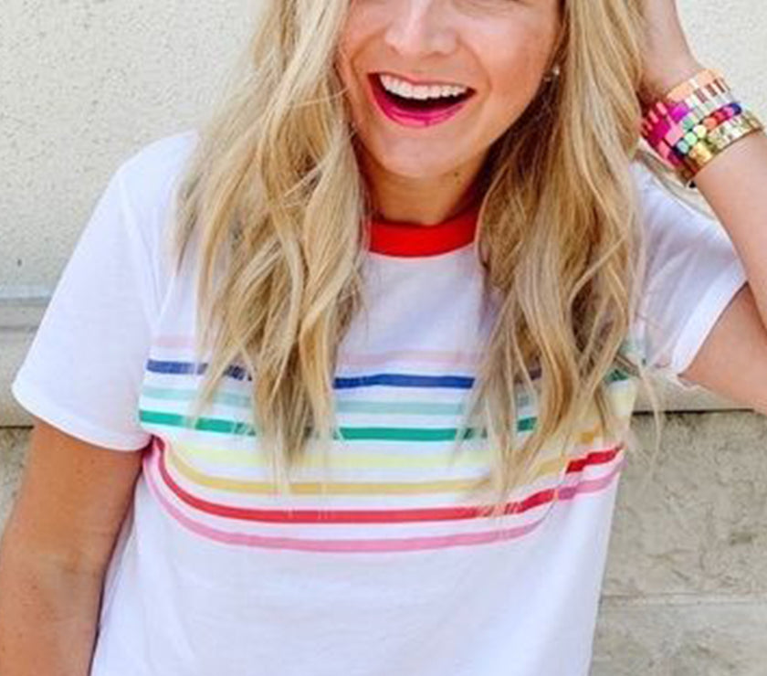 White Rainbow Stripe Print Contrast Crewneck T Shirt