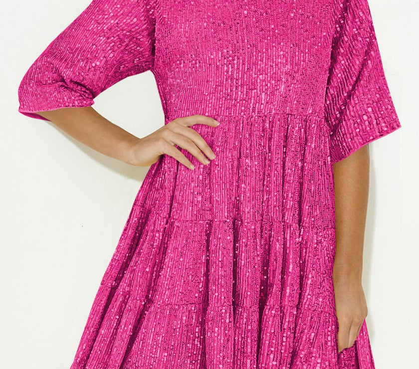 Sequin Round Neck Half Sleeve Mini Dress