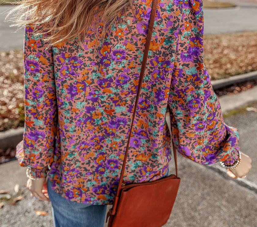 Floral Round Neck Long Sleeve Blouse