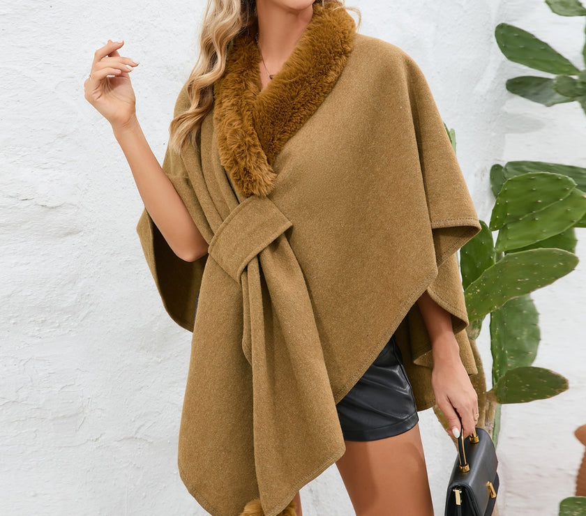 Fuzzy Trim Open Front Poncho