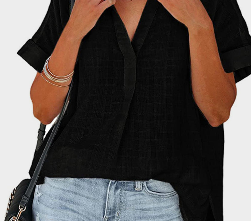 Mandy Side Slit Notched Short Sleeve Blouse