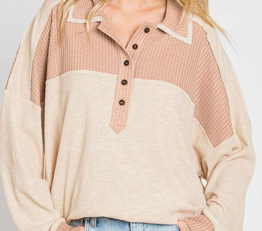 Waffle-Knit Color Block Half Button Long Sleeve Top