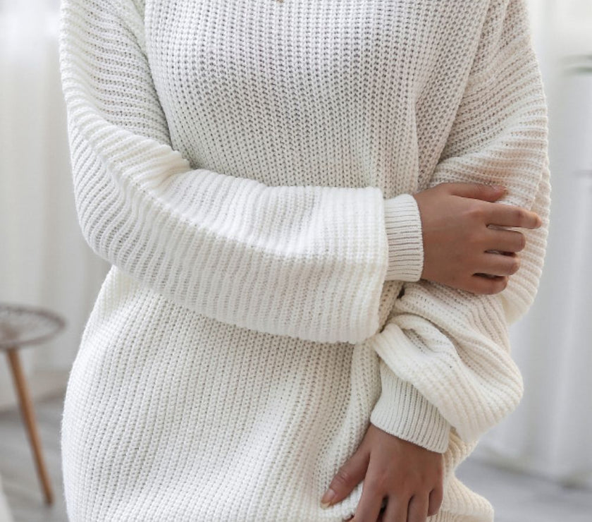 Boat Neck Long Sleeve Mini Sweater Dress