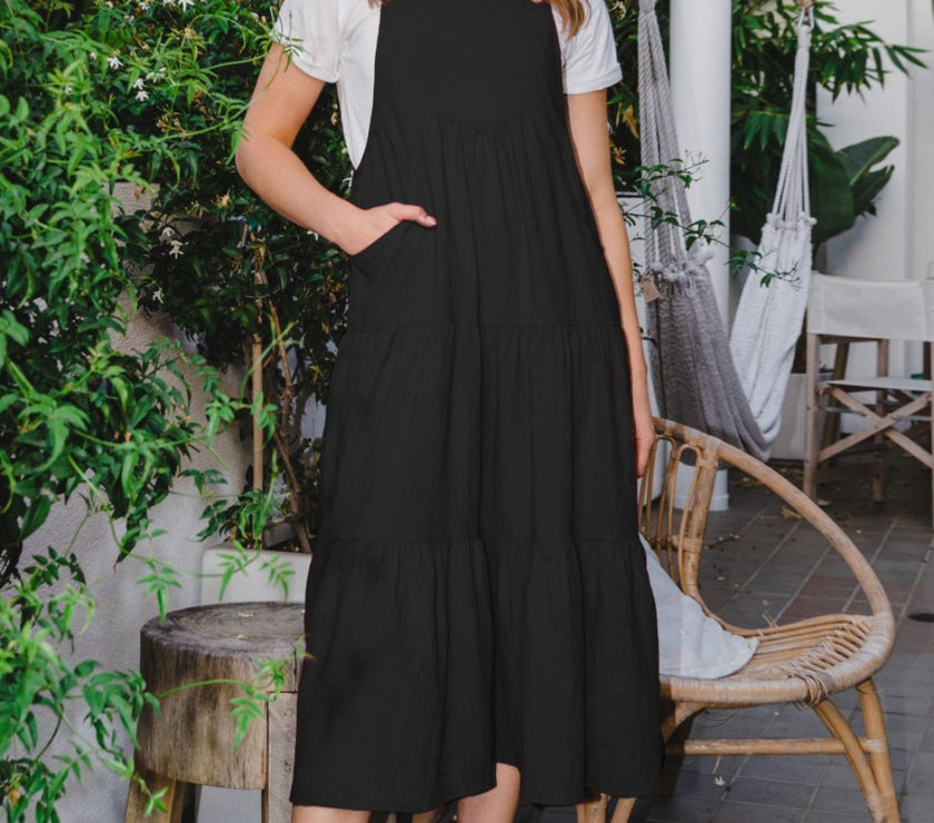 ODDI Full Size Sleeveless Tiered Midi Dress