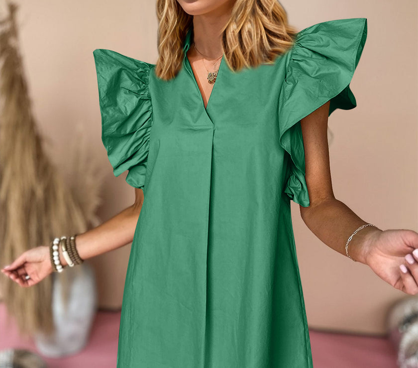 Oh Ruched Johnny Collar Cap Sleeve Mini Dress