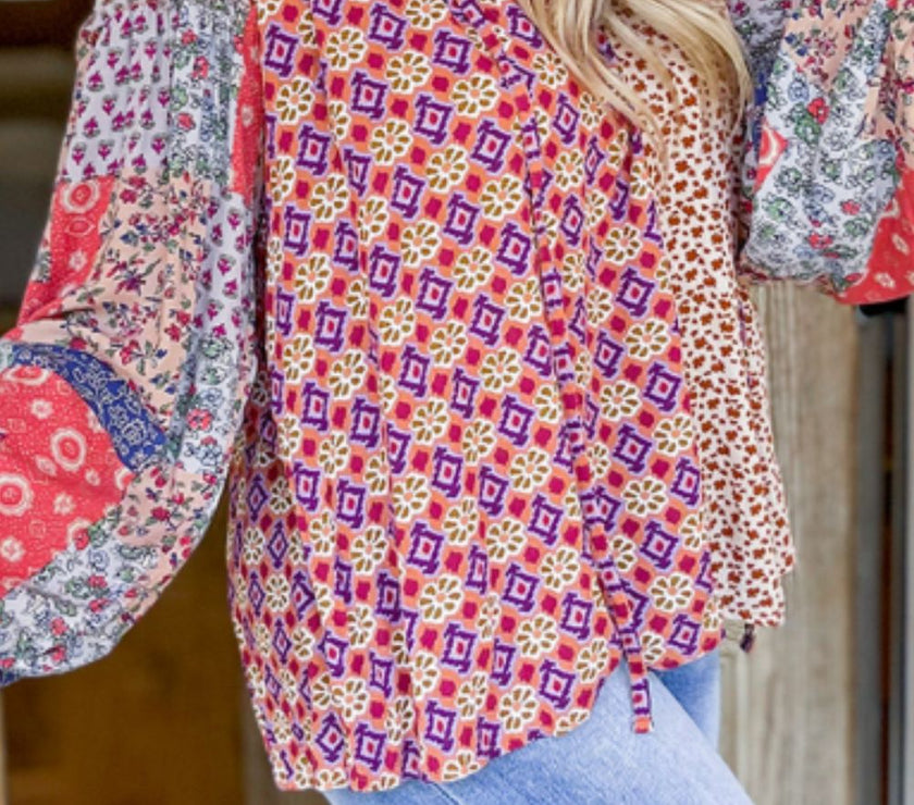 Printed Tie Neck Long Sleeve Blouse