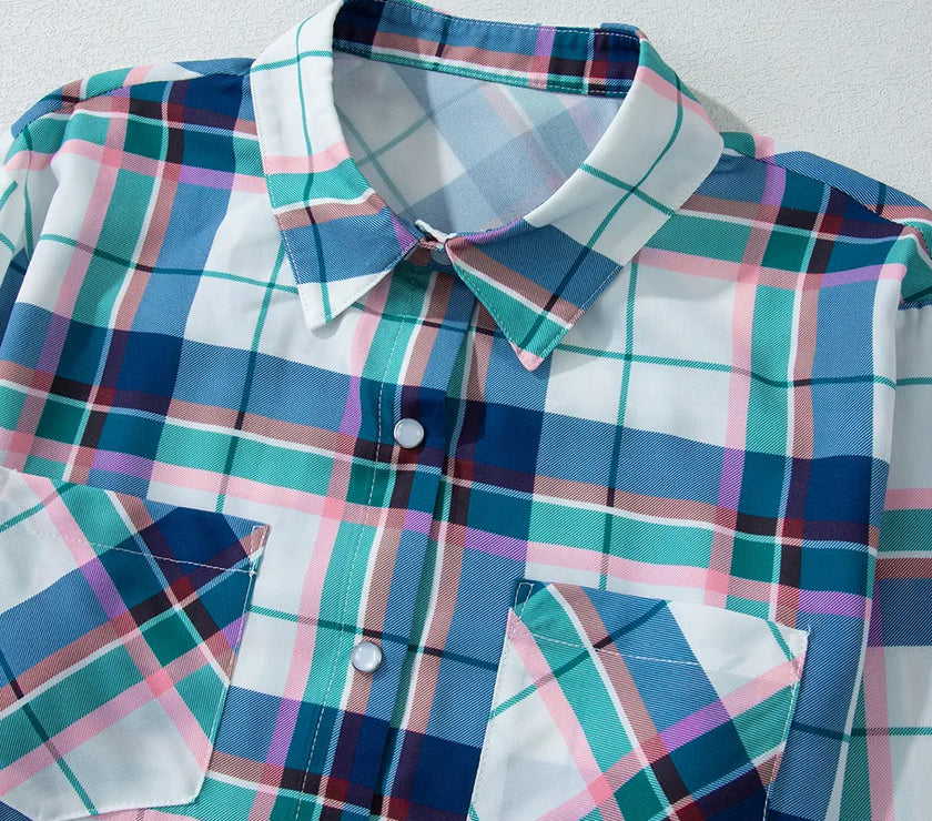 Plaid Snap Down Long Sleeve Top and Shorts Lounge Set