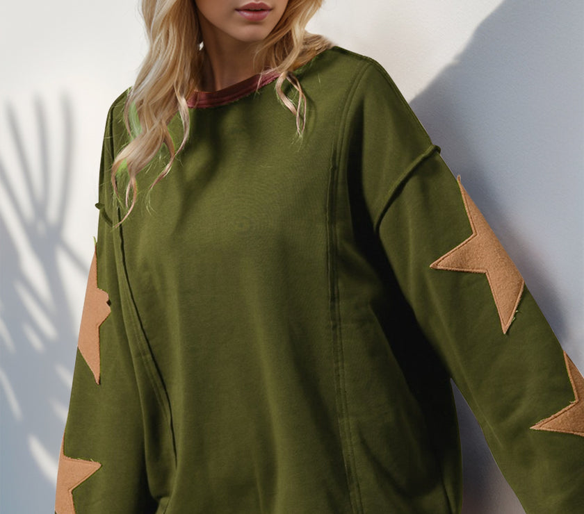Double Take Star Patched Long Sleeve Sweatshirt