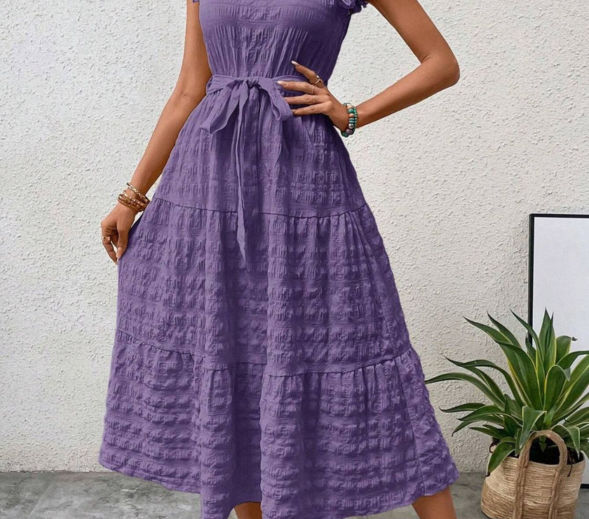 Tied Ruffled Cap Sleeve Midi Dress