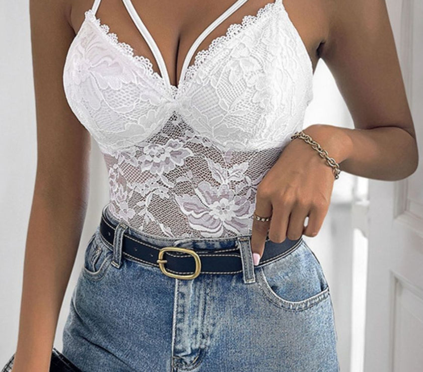 Perfee Spaghetti Strap Lace Bodysuit