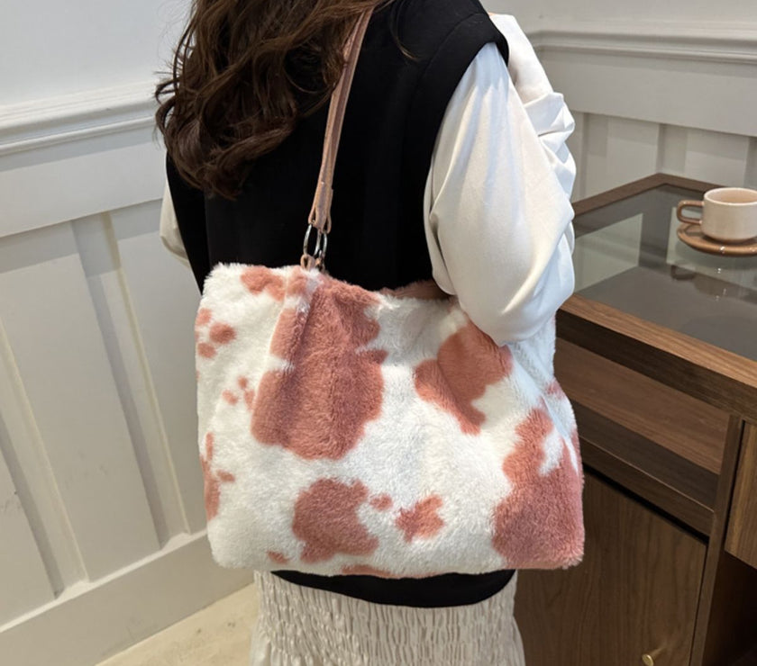 Cow Print Furry Tote Bag