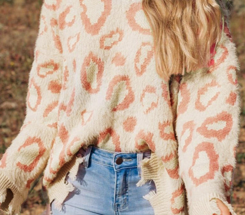 Distressed Trim Leopard V-Neck Sweater