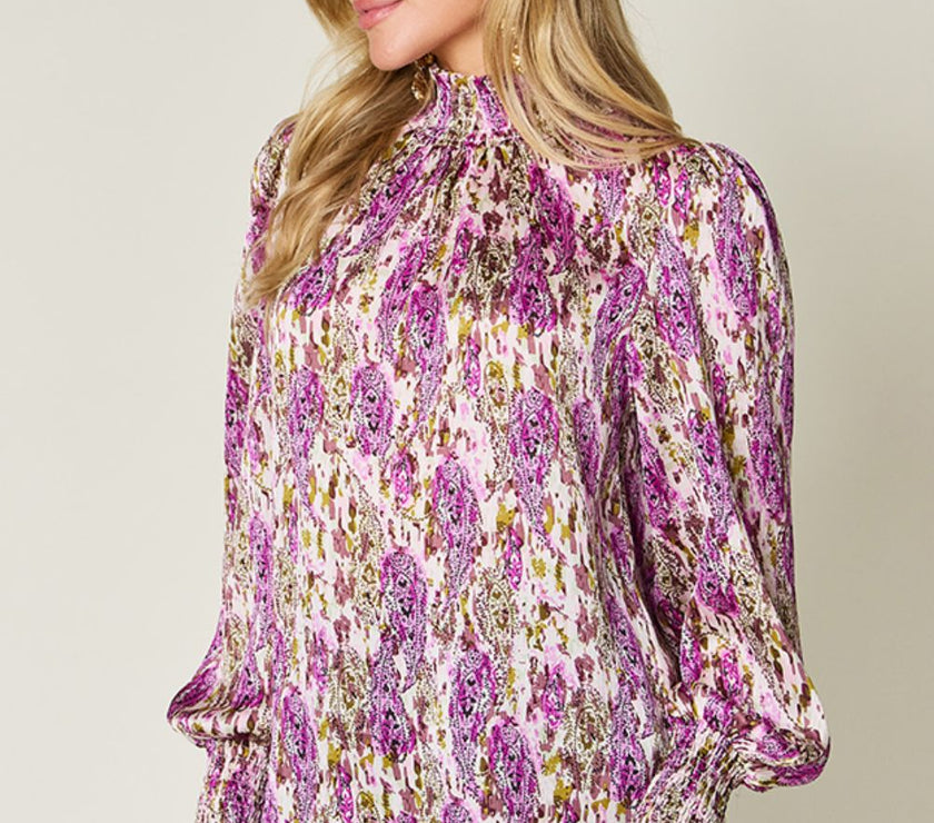 Double Take Full Size Printed Smocked Long Sleeve Blouse