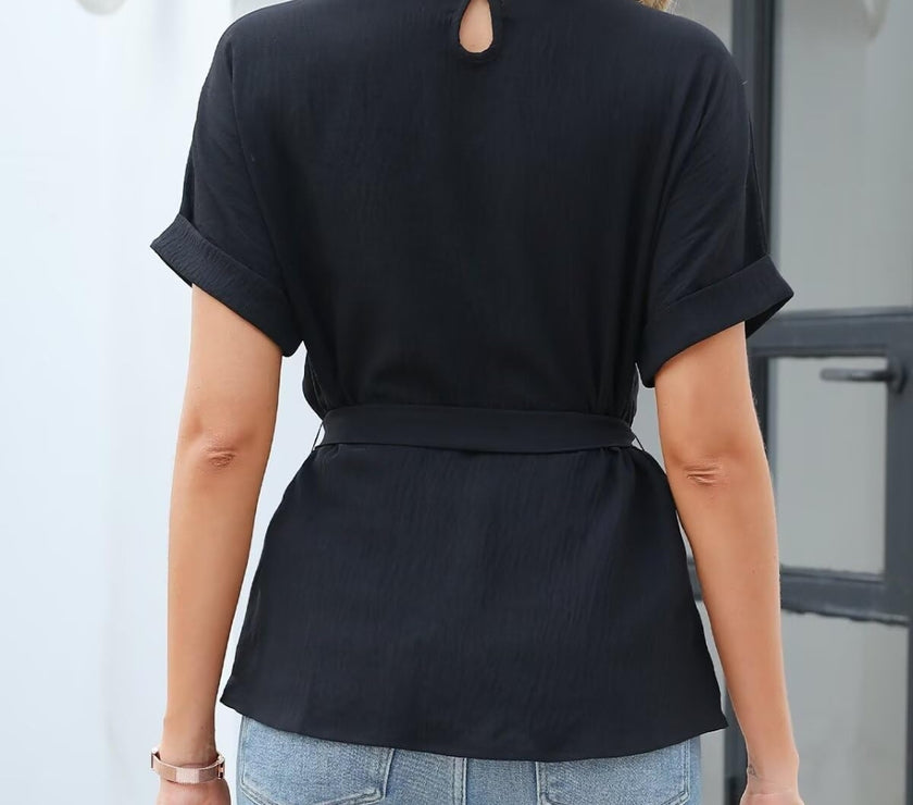 Tie Waist Round Neck Short Sleeve Blouse