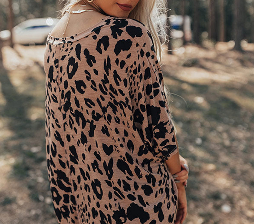 Brown Leopard Print V Neck Half Sleeve Oversized Tee