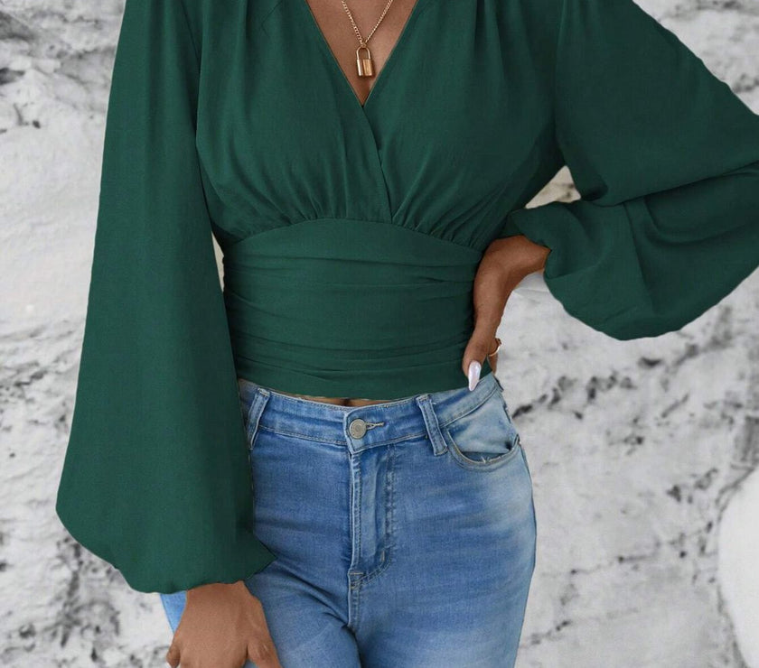 Smocked Surplice Balloon Sleeve Top
