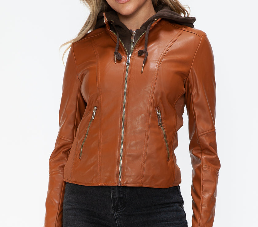 Snobbish Faux Leather Zip Up Drawstring Hooded Jacket