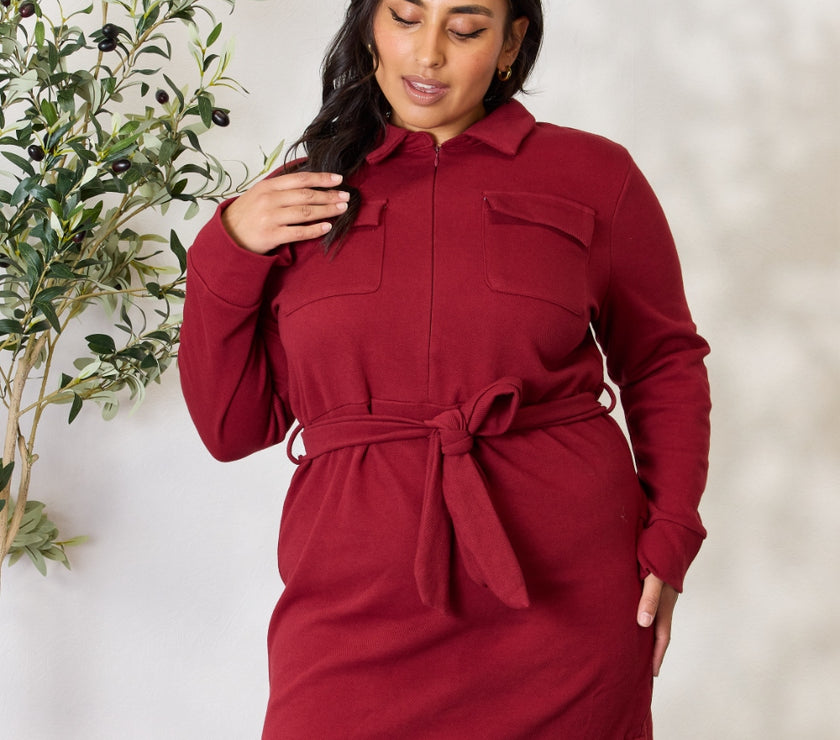 Culture Code Full Size Tie Front Half Zip Long Sleeve Shirt Dress