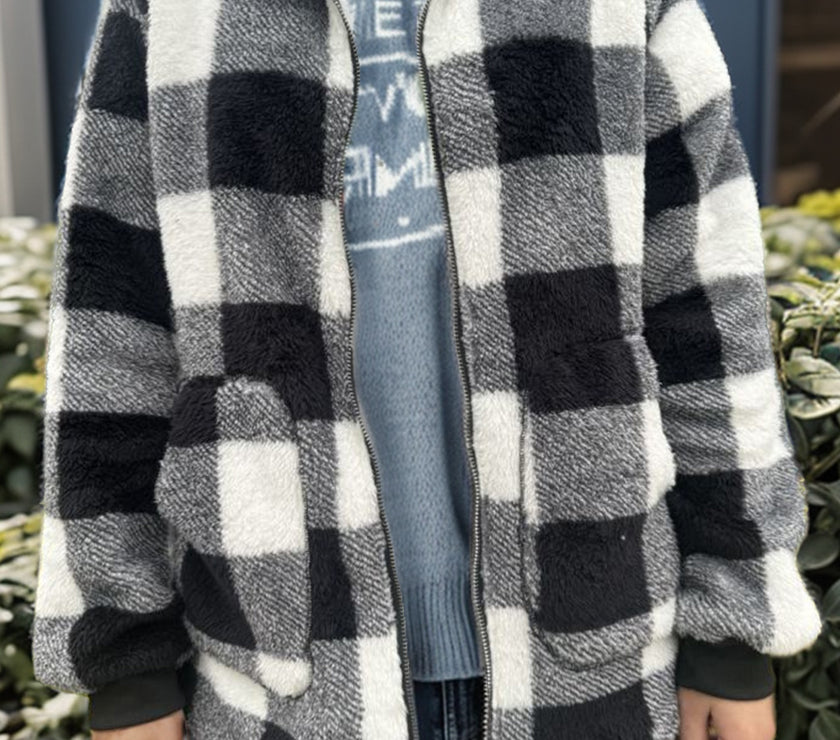 Double Take Full Size Plaid Long Sleeve Hooded Coat