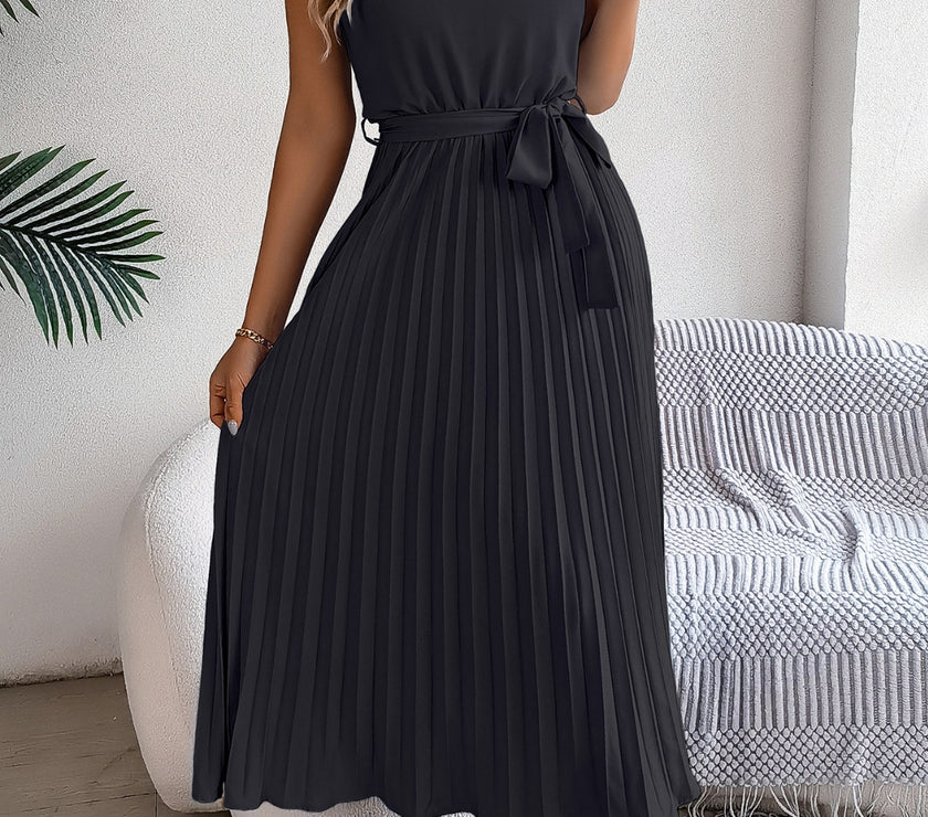 Pleated Tie Waist Sleeveless Midi Dress