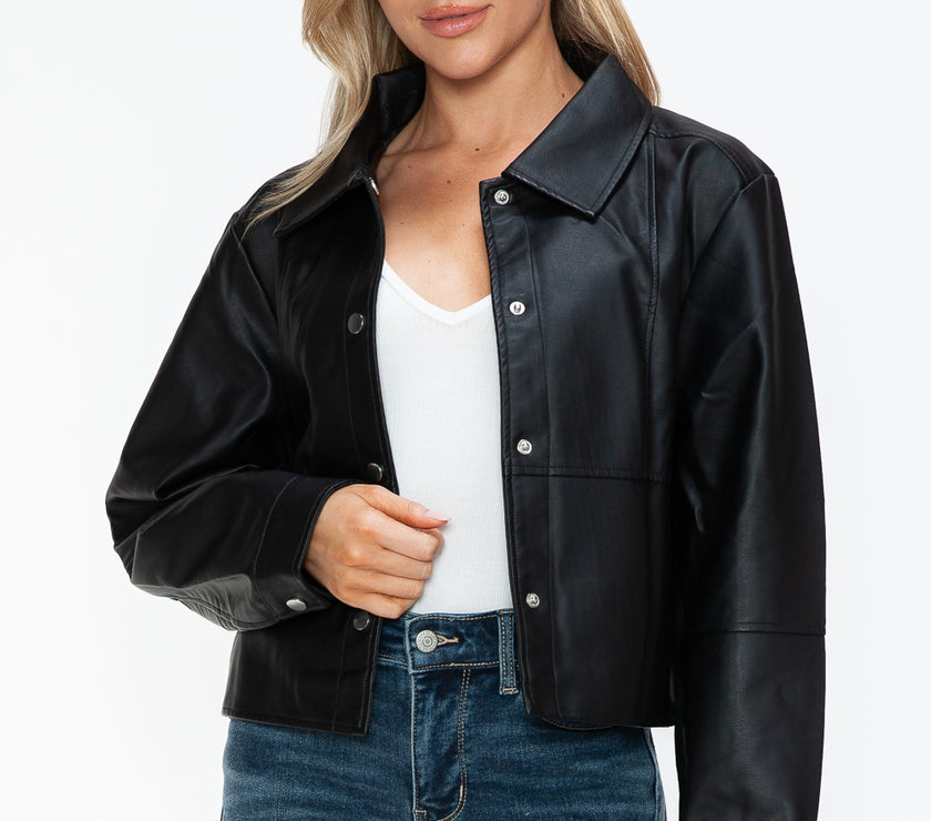 Snobbish Snap Down Long Sleeve PU Leather Jacket
