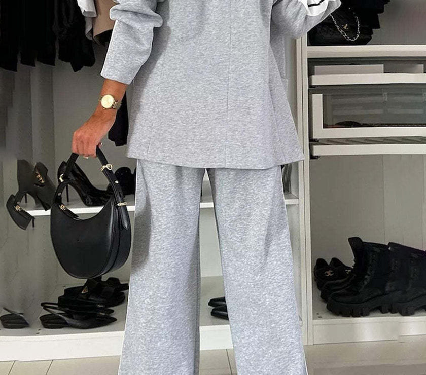 Full Size Contrast Lapel Collar Top and Pants Set