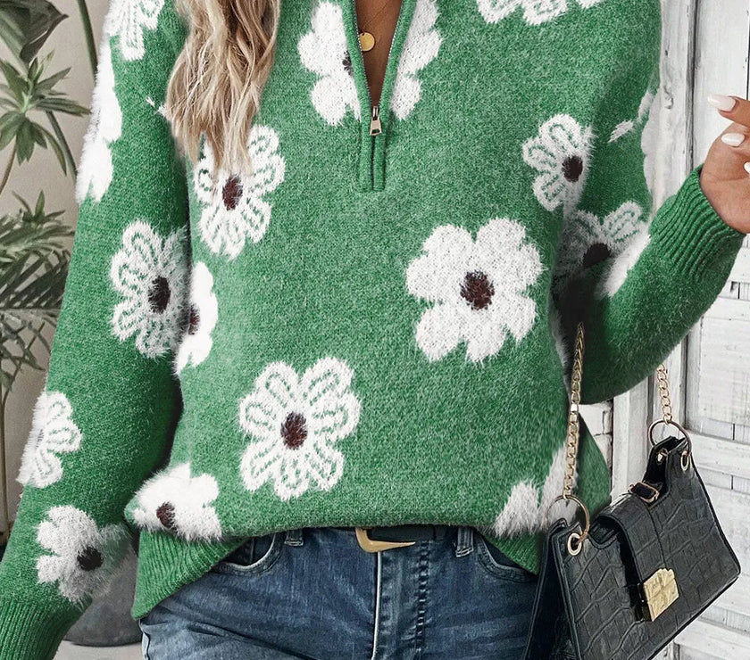 Flower Half Zip Long Sleeve Sweater