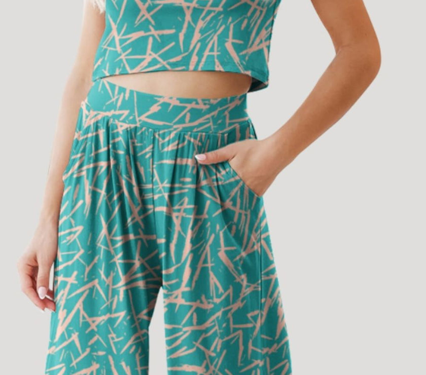 FAM-FAM Printed Round Neck Short Sleeve Top and Pants Set