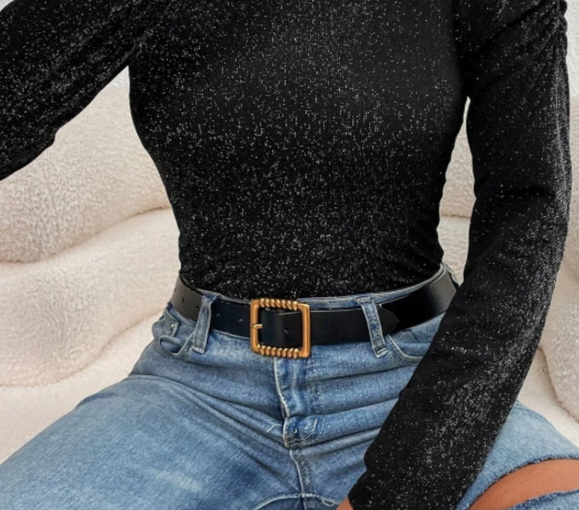 Metallic Round Neck Puff Sleeve Blouse