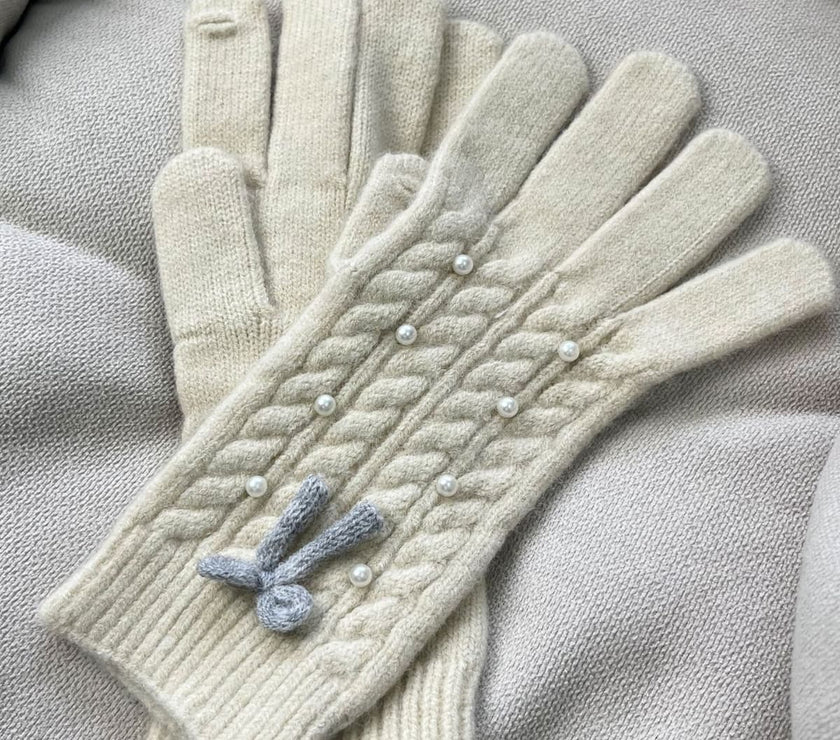 Thermal Pearl Detail Bow Five-Finger Gloves