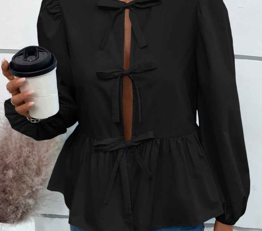 Ivy Lane Peplum Tied Long Sleeve Blouse