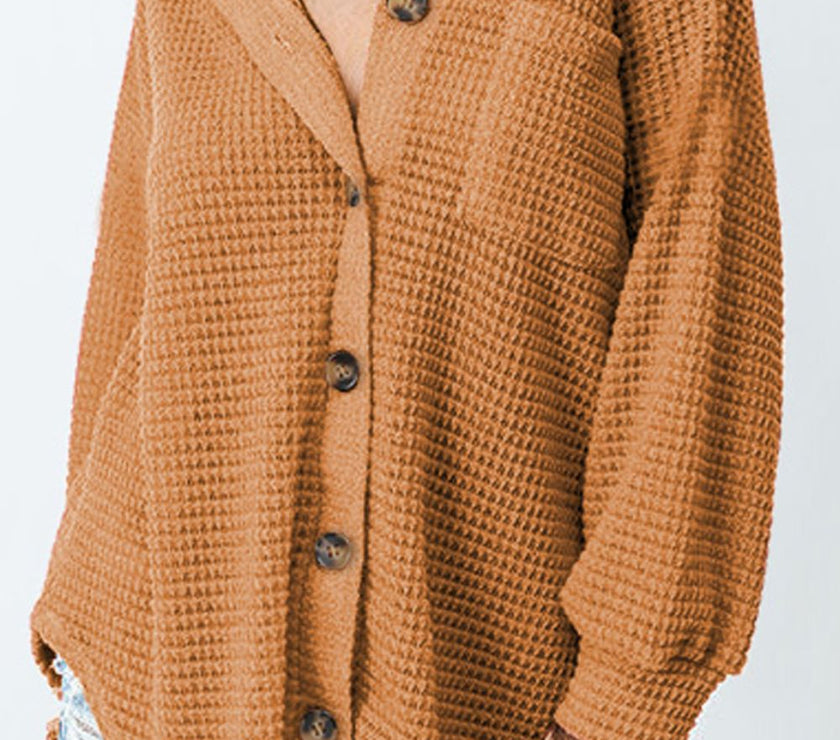 Waffle-Knit Collared Neck Long Sleeve Shirt