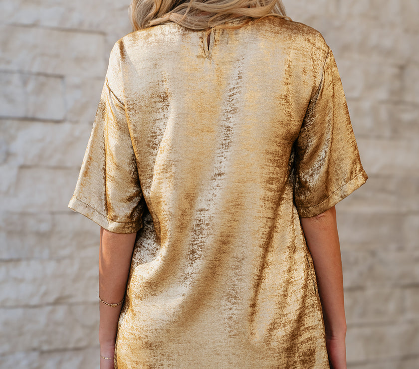 Gold Metallic Luster Crewneck Mini T-Shirt Dress