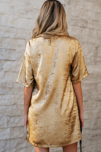 Gold Metallic Luster Crewneck Mini T-Shirt Dress