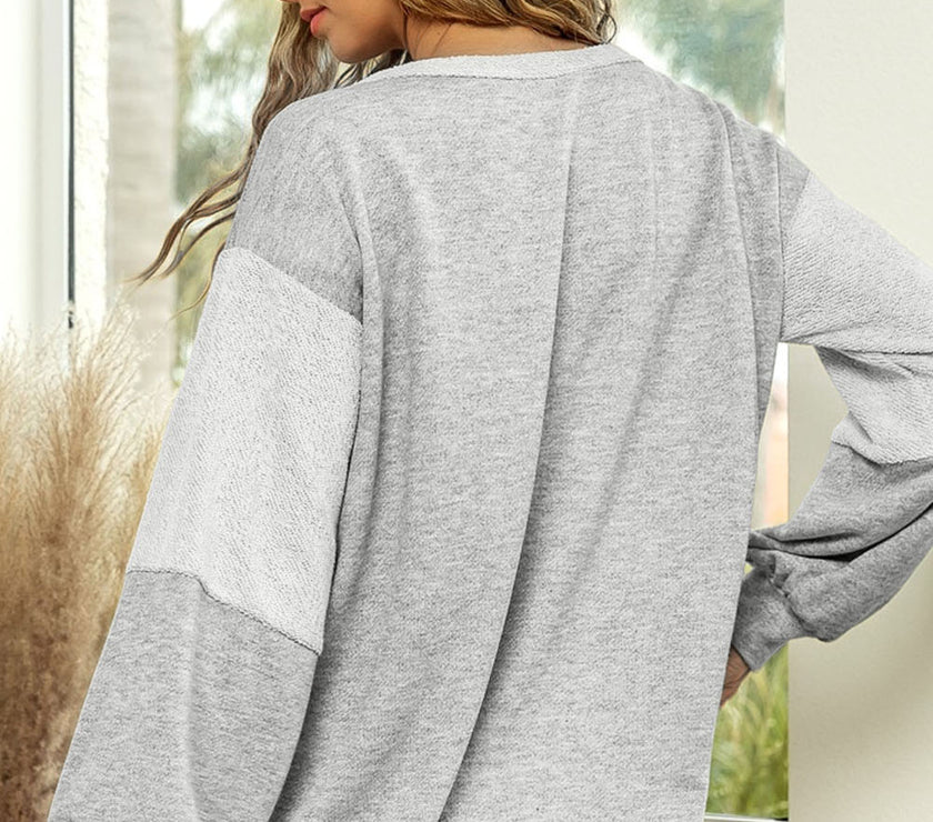 Color Block Double Chest Pocket Boat Neck Top