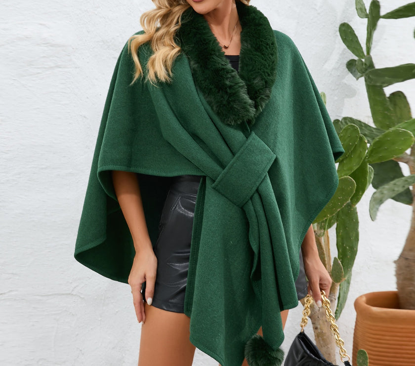 Fuzzy Trim Open Front Poncho