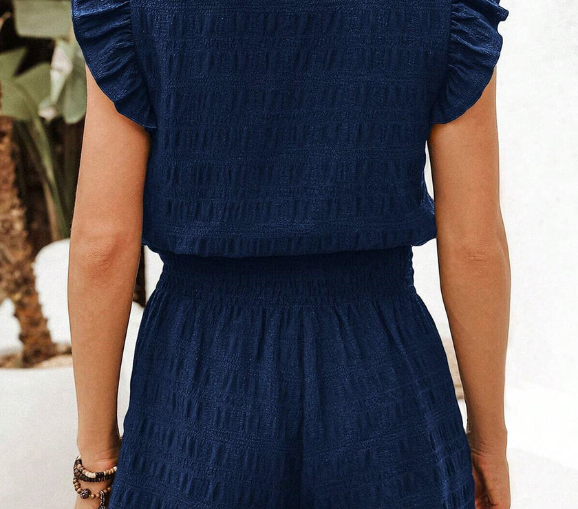 Dirty blue Textured Square Neck Top and Shirred High Waist Shorts Set