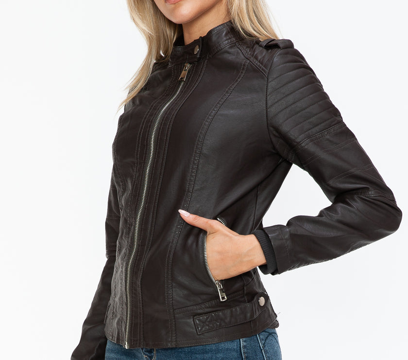 Snobbish PU Leather Biker Jacket with Side Zip Pockets