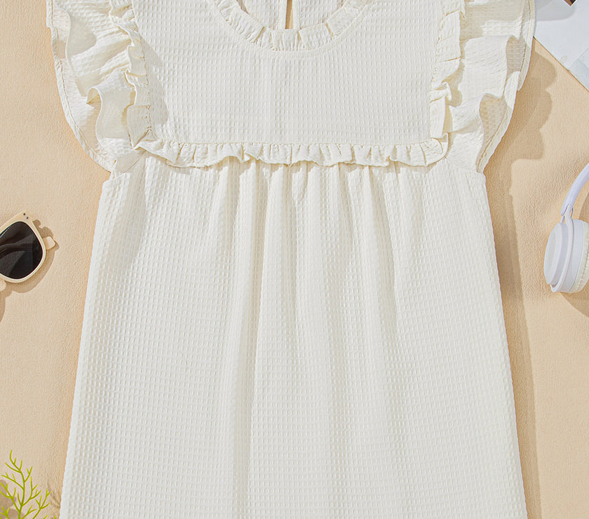 White Solid Color Ruffle Trim Waffle Knit Blouse