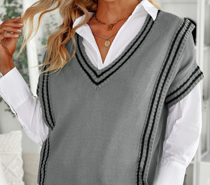 Striped Trim V-Neck Sweater Vest