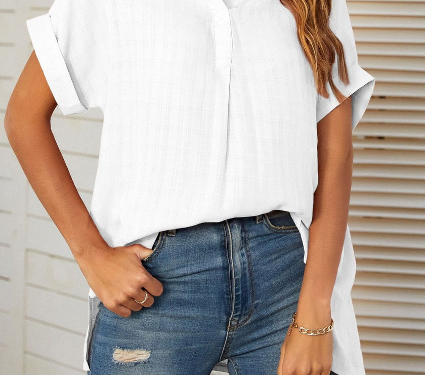 Mandy Side Slit Notched Short Sleeve Blouse