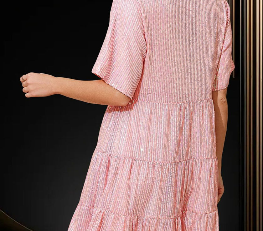 Sequin Round Neck Half Sleeve Mini Dress